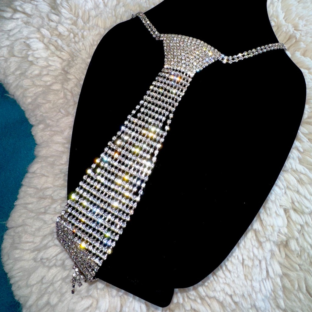 Jeweled Iridescent Suit & Tie Necklace / renaissance/ Swarovski / silver